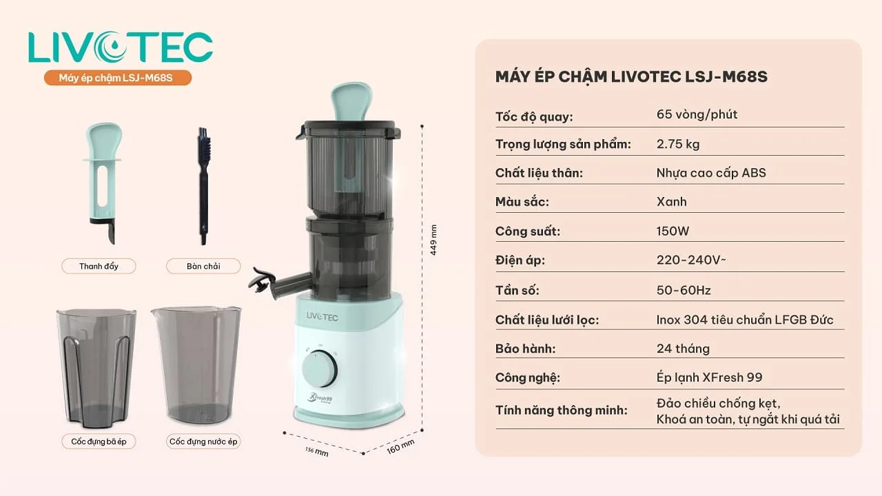 Thông số kỹ thuật của máy ép chậm Livotec LSJ-M68S 