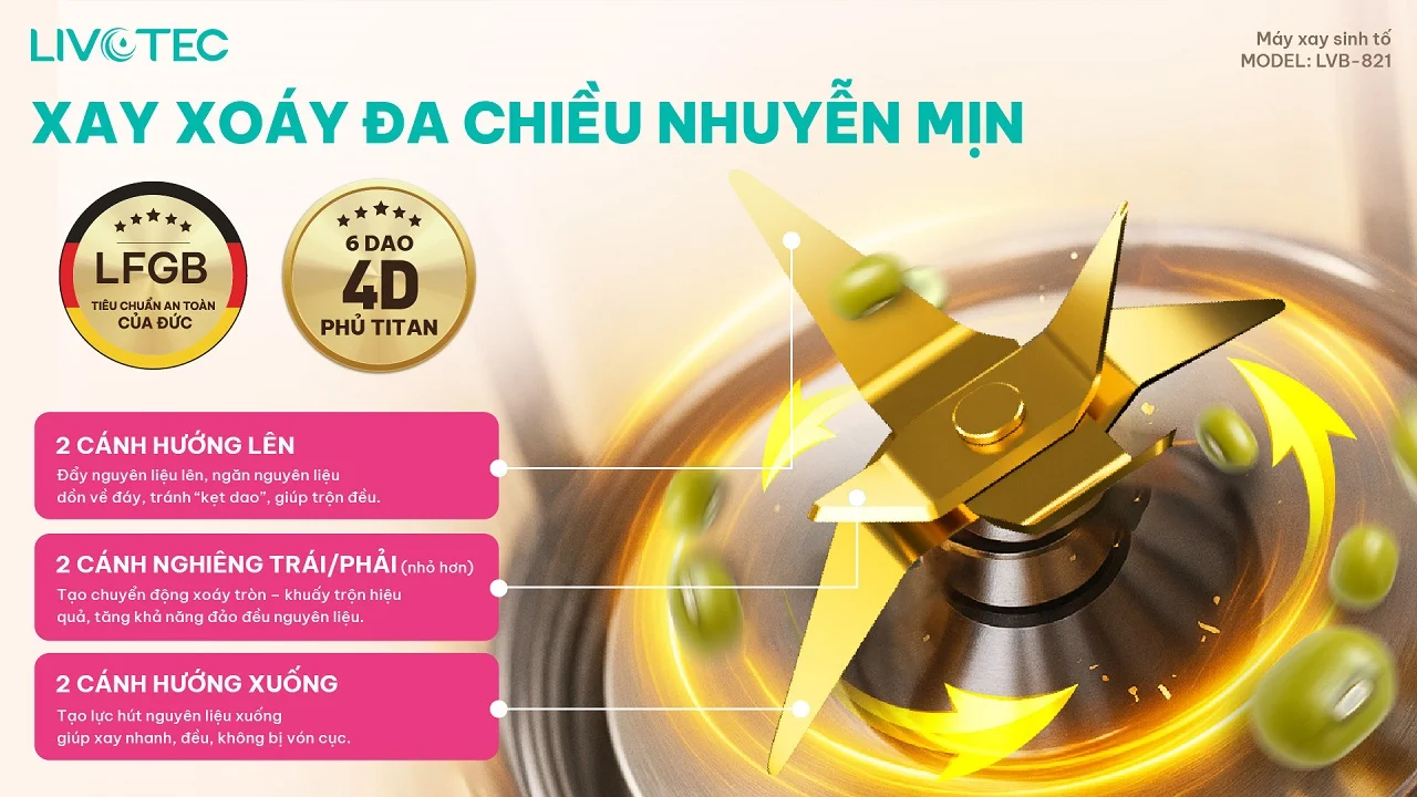 Livotec LVB-821 6 dao 4D titanium, xay nhuyễn đa chiều