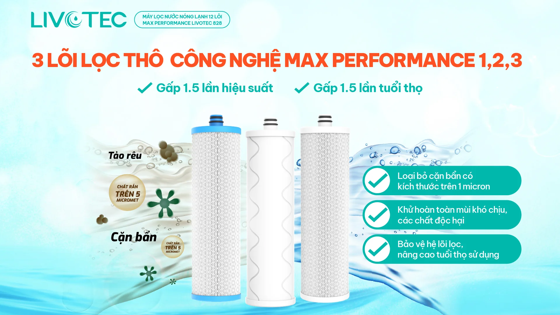 Livotec 828 lõi lọc thô Max-Performance bảo vệ màng RO