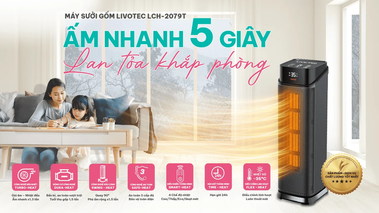 Máy sưởi gốm Livotec LCH-2079T làm ấm nhanh chỉ trong 5s