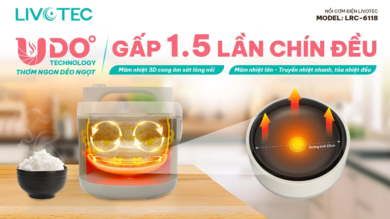 Nồi cơm điện Livotec LRC-6118 công nghệ UDO gấp 1,5 lần cơm chín đều