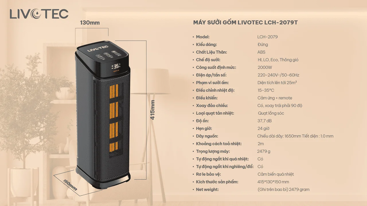 Thông số kỹ thuật máy sưởi gốm Livotec LCH-2079T