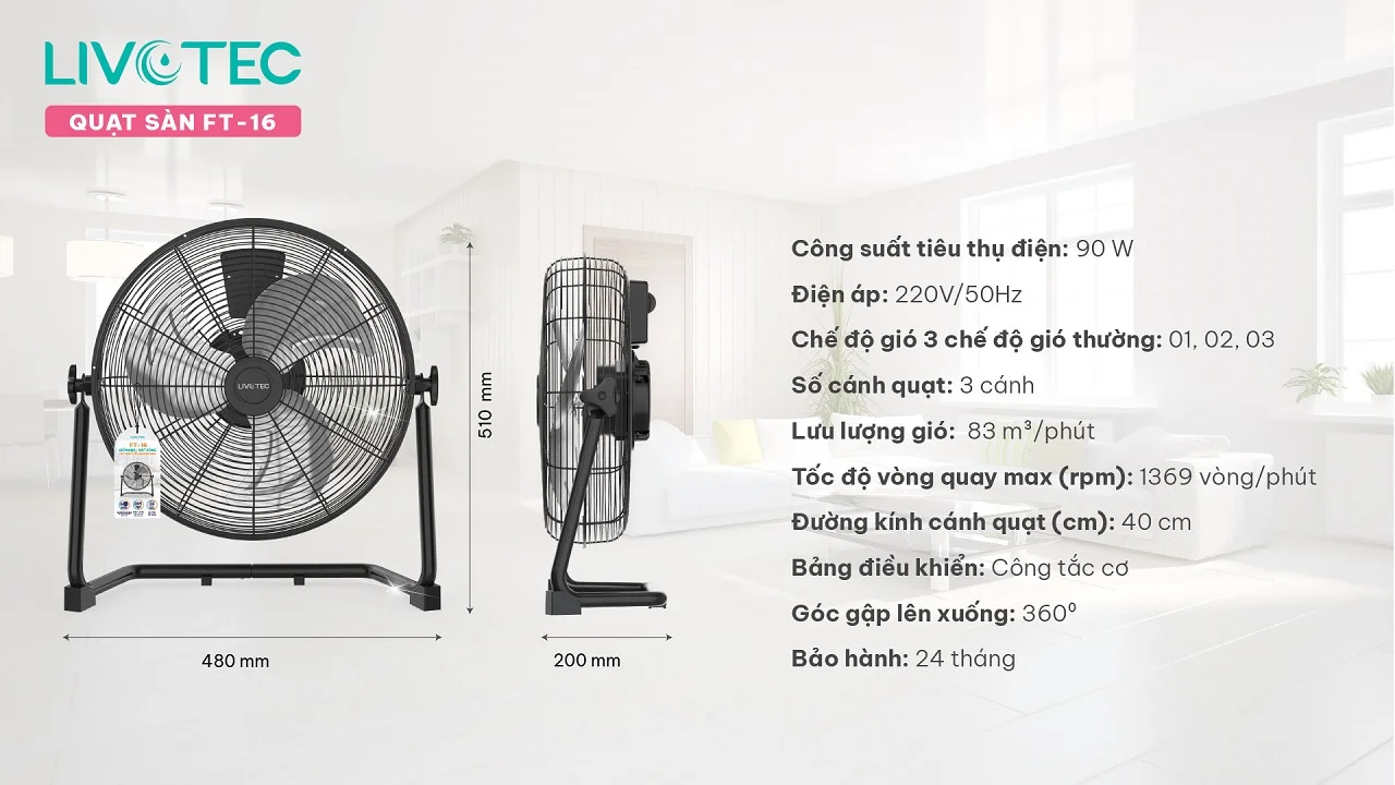 Thông số kỹ thuật quạt sàn Livotec FT-16
